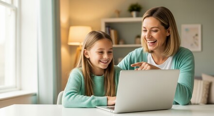 Engaged mother and daughter learning together through online education while smiling at a laptop in their cozy home setting