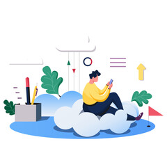 Obraz premium Man relaxing on cloud checking smartphone, modern digital concept with abstract elements, perfect for tech inspiration and lifestyle content
