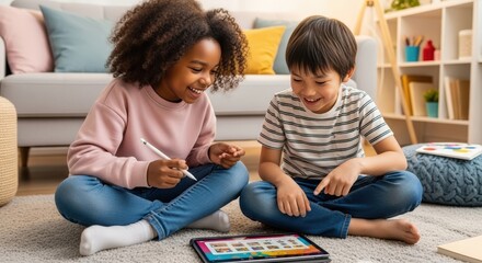 Kids engaged in fun online education activity using a tablet at home with cheerful expressions