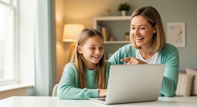 Engaged mother and daughter learning together through online education while smiling at a laptop in their cozy home setting