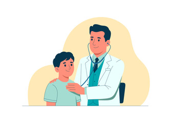Fototapeta premium Flat vector doctor with stethoscope examining patient in clinic room, minimal style