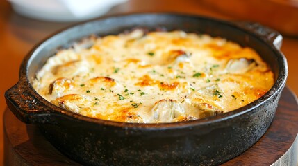 Creamy baked seafood dish with golden cheese topping