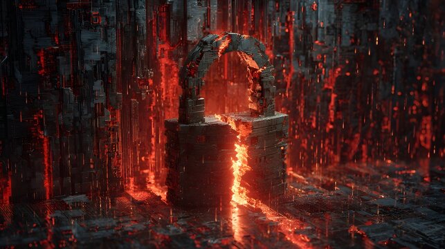 Ancient Stone Altar Structure in Dark Chamber with Molten Lava Flowing
- Powered by Adobe