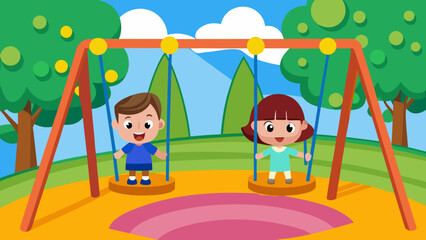 Two happy cartoon children swinging on a playground swing set
