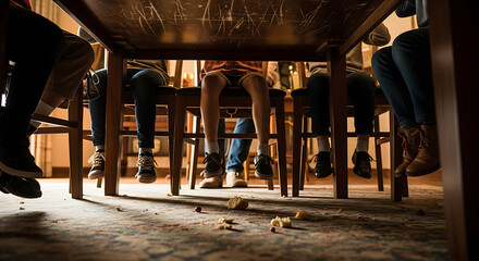 Underneath a dining table with people sitting around it during a meal celebration