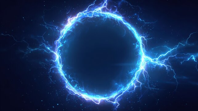 Stunning photo of electric blue lightning frame with plasma portal on dark background. Round glowing sphere with neon strikes. Energy circle border with flash spark effects.