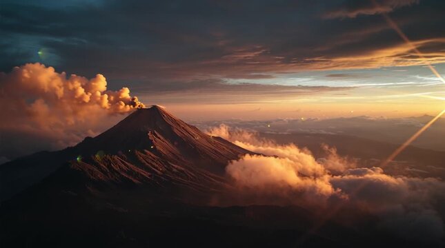 A photorealistic timelapse of sunrise over an active volcano, golden light piercing through drifting smoke and ash clouds
