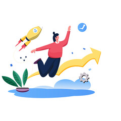 Dynamic businesswoman soaring upwards on growth arrow, celebrating startup success with rocket launch and achievement checkmark, symbolizing ambitious goals and progress.