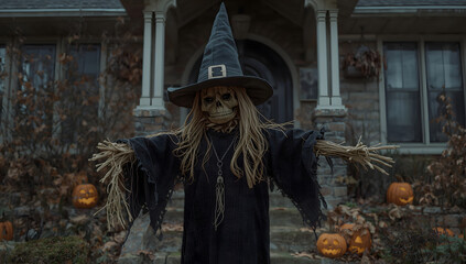 Obraz premium A spooky scarecrow witch stands before a haunted house, surrounded by glowing jack-o'-lanterns on a dark autumn evening.