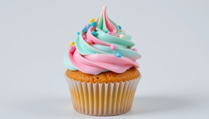 Vibrant Pastel Frosted Cupcake White Background