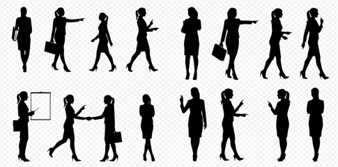 A collection of black silhouettes of businesswomen in various professional poses, walking, pointing, and interacting.