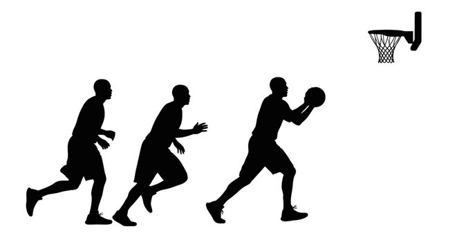 basketball player silhouette action sequence from run to shot perfect for sports fitness and success concepts