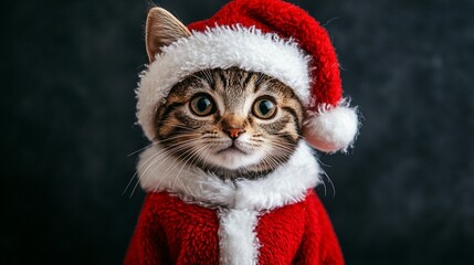 A tabby kitten wearing a Santa hat and suit