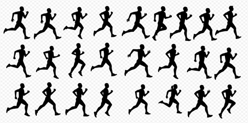A set of black silhouettes depicting the sequential frames of a running animation cycle on a transparent background.