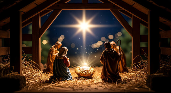 Nativity Scene with Holy Family and Star of Bethlehem in Rustic Stable Detailed Figurines