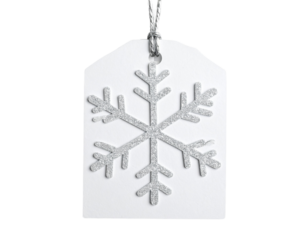 Snowflake Shaped White Gift Tag with Silver String, Angled View, Transparent PNG