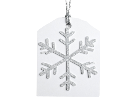 Snowflake Shaped White Gift Tag with Silver String, Angled View, Transparent PNG - Powered by Adobe