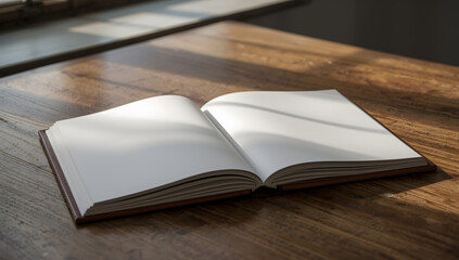Naklejka premium Open book resting on a wooden table, bathed in natural light.
