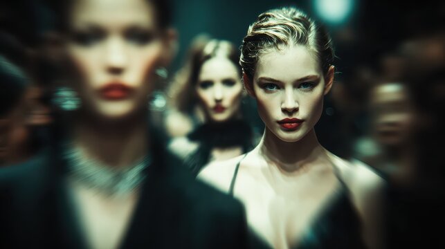 Elegant women at a fashion show, one is in focus, others are blurred. Use this for articles on fashion, beauty, or women's lifestyle topics.