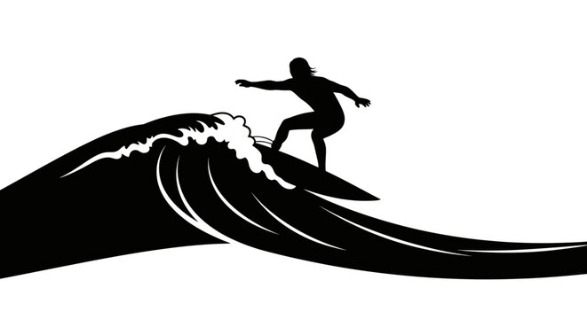 dynamic silhouette of surfer riding a powerful wave perfect for surf shops water sports websites and extreme sports designs - Powered by Adobe