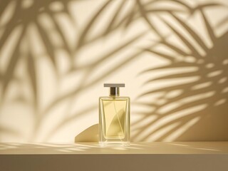Elegant perfume bottle casting palm shadows, a sophisticated fragrance for a luxurious lifestyle