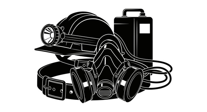 black mining equipment, helmet, mask, belt clip art preview