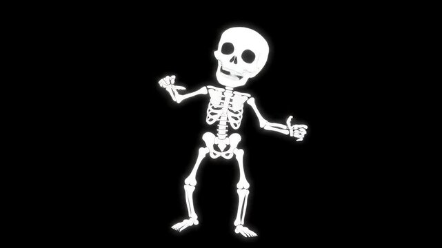 A cartoon skeleton playfully dances against a black backdrop.