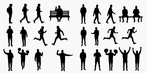 Fototapeta premium A diverse collection of black male silhouettes in various poses: standing, walking, running, sitting on a bench, and celebrating.