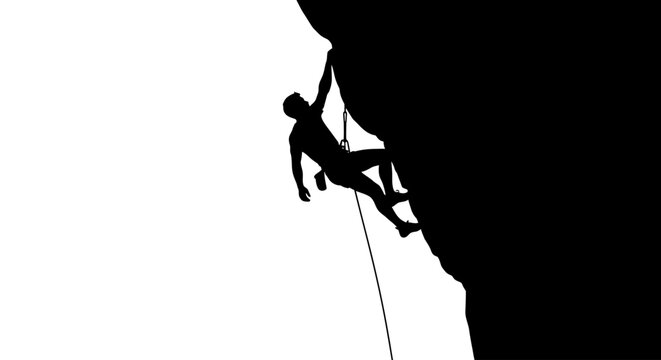 silhouette of a climber ascending a sheer cliff face conquering challenges achieving success reaching the summit