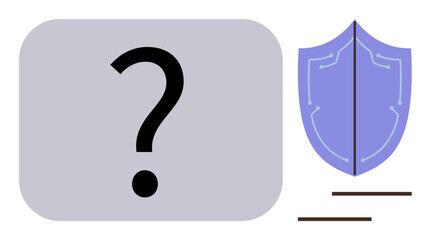Large question mark in a gray box accompanied by a blue shield. Ideal for security, protection, risk, mystery, decision-making, problem-solving, questions. Clean simple flat metaphor