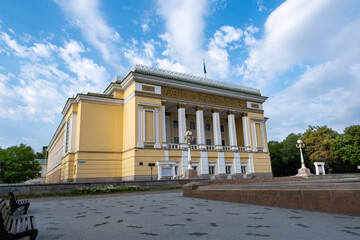 June 26, 2025 Almaty Kazakhstan. The facade of the Abay Opera and Ballet Theatre in the center of Almaty. The historical building of the theatre.