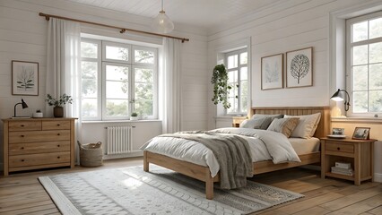 Fototapeta premium A bright bedroom with wooden furniture and natural light shining