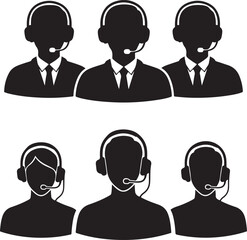 Customer service team wearing headsets, black vector illustration