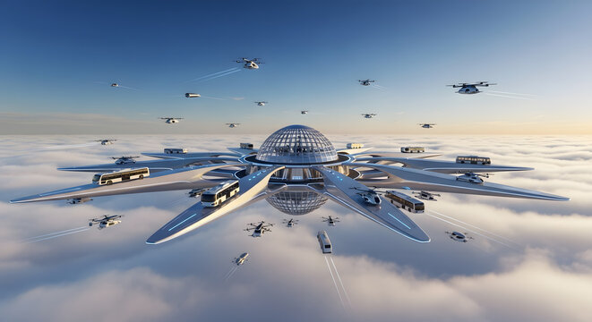 Futuristic Skyport Above the Clouds: Drone Terminal