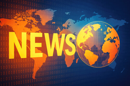 Bright Yellow NEWS Text and Globe on Orange World Map with Binary Code news earth - Powered by Adobe