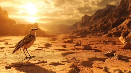 Naklejka premium Roadrunner, feathers like desert sand and dried clay, surreal arid earth texture, harsh desert sun lighting