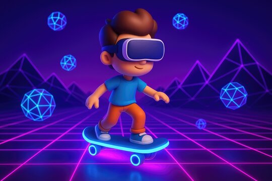 Cartoon boy in VR headset on skateboard in a neon digital landscape with geometric spheres virtual reality
