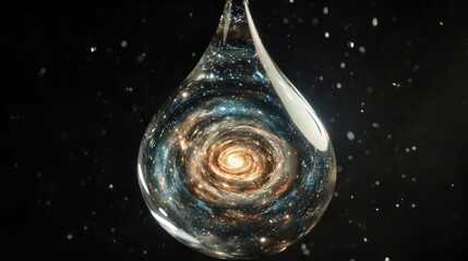 A water droplet suspended in mid-air, containing a miniature, swirling galaxy