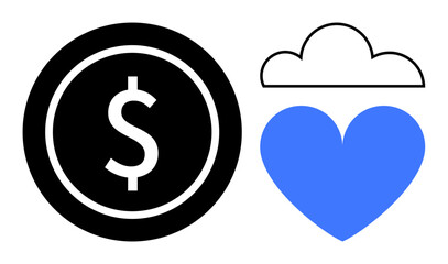 Dollar sign within a black circle, blue heart beneath a cloud. Ideal for financial planning, investment, charity, love, support, collaboration, simple landing page