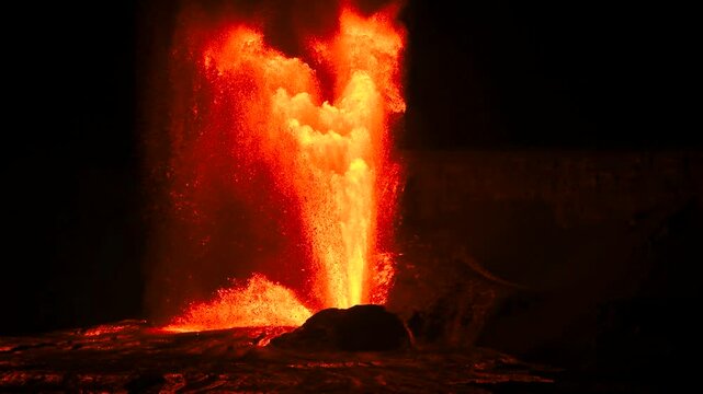 Slow motion video of fiery lava fountains erupting from Halemaumau crater during Episode 24 of Kilauea Volcano&rsquo;s eruption on June 4, 2025, in Hawaii Volcanoes National Park on the Big Island. The foot