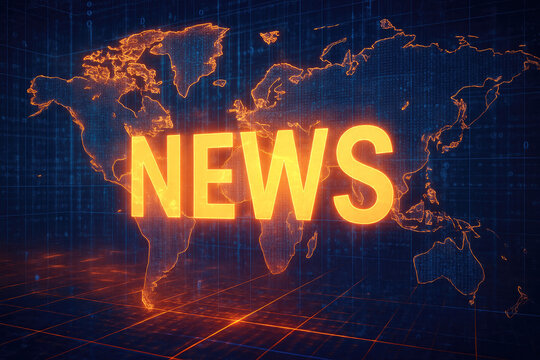 Global News Concept with World Map and Digital Data Overlay international broadcast