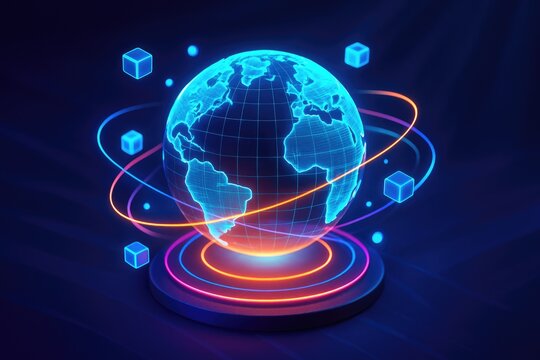Glowing digital Earth hologram with orbiting cubes and neon rings on dark background globe planet
