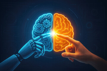 Human hand and robot hand touching glowing digital brain halves representing AI and human intelligence