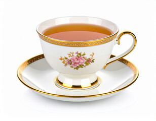  close-up shot of a vintage porcelain teacup with a gold rim and floral patterns.