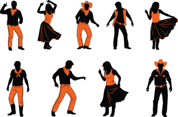 Obraz premium Diverse group of silhouettes of men and women dancing in vibrant orange and black outfits against a white background