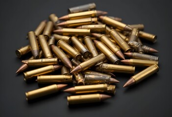 Pile of brass rifle ammunition conveys preparedness and strength for tactical defense concepts