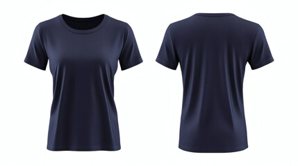 Plain blue navy round neck t-shirt 3D mockup showcasing front and back views for women's apparel design presentation on white background
