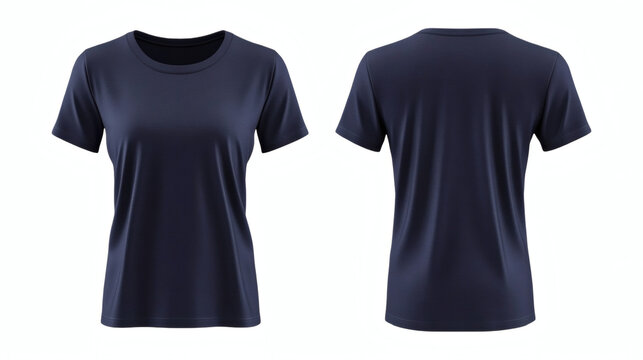 Plain blue navy round neck t-shirt 3D mockup showcasing front and back views for women's apparel design presentation on white background