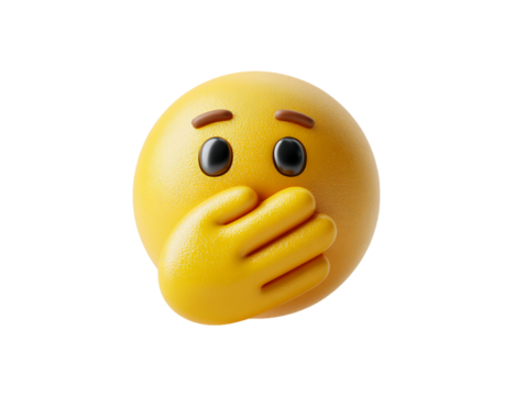 3D Render of a Speechless Yellow Emoji Covering Its Mouth With Hand on Transparent Background, PNG