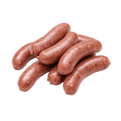 Seven sausages in a natural pile on transparent background